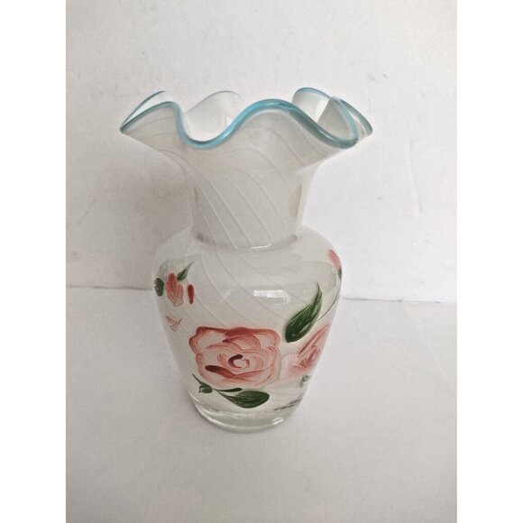 Fenton Designed Teleflora White Opalescent Vase Blue Crest Ruffled Hand Painted - Picture 2 of 11
